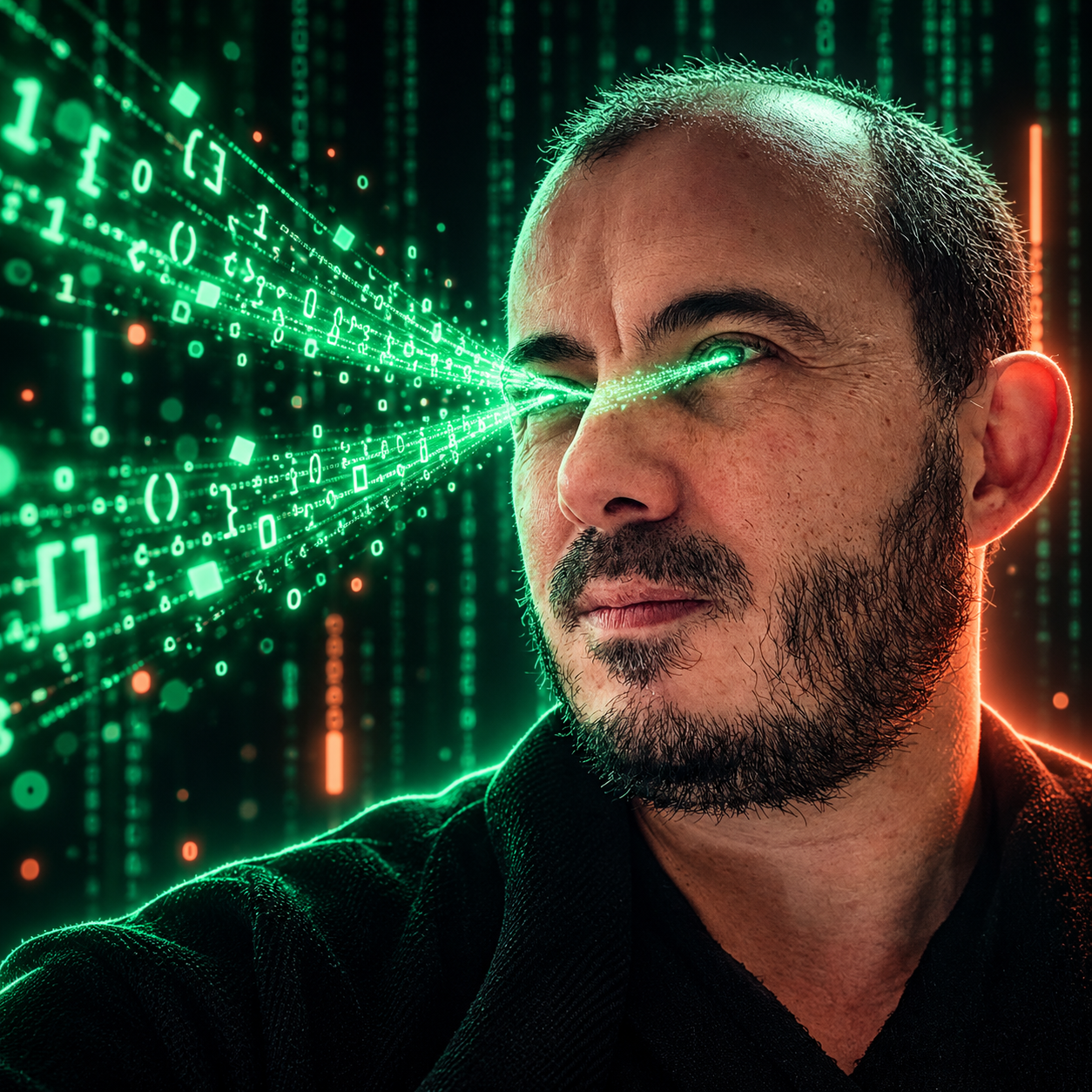 Gab with streams of glowing code projecting from his eyes